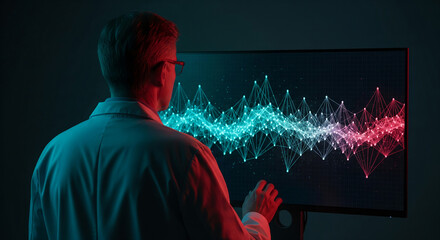 Scientist's back, interacting with a large screen displaying a vibrant, interconnected data visualization, symbolizing scientific research and technological advancement