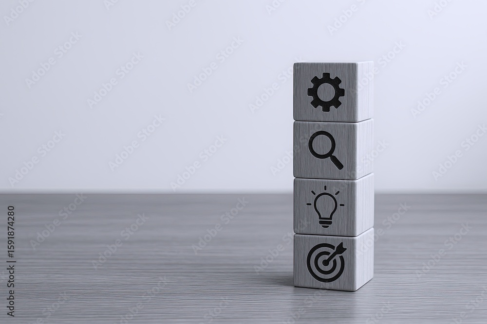 Poster stack of four wooden blocks with icons representing settings analysis innovation and target on a min