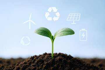 Green Seedling Growing in Soil With Renewable Energy Icons and Recycling Symbols.