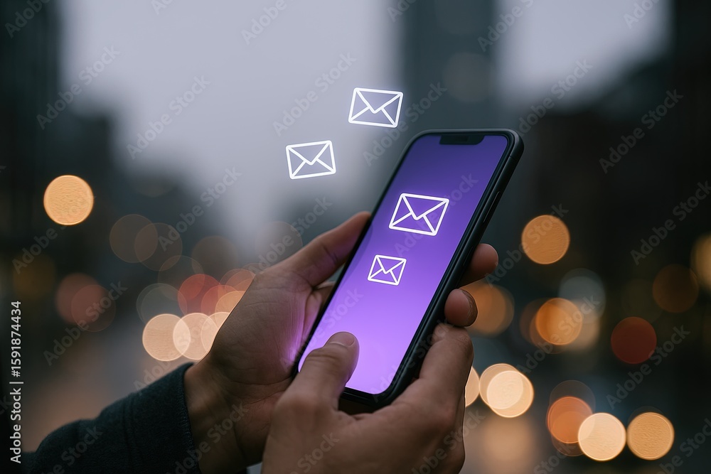 Poster modern smartphone displaying email icons with floating message notifications outdoors at night.