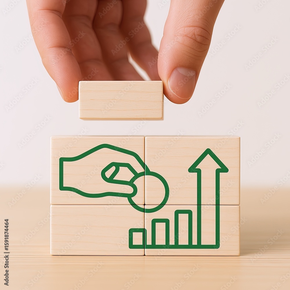 Poster hand placing wooden block above blocks with growth chart and hand icon symbolizes progress.