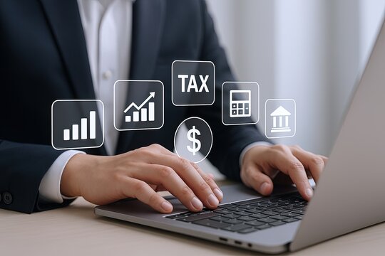 Modern businessman working on laptop with financial icons in overlay during business meeting.