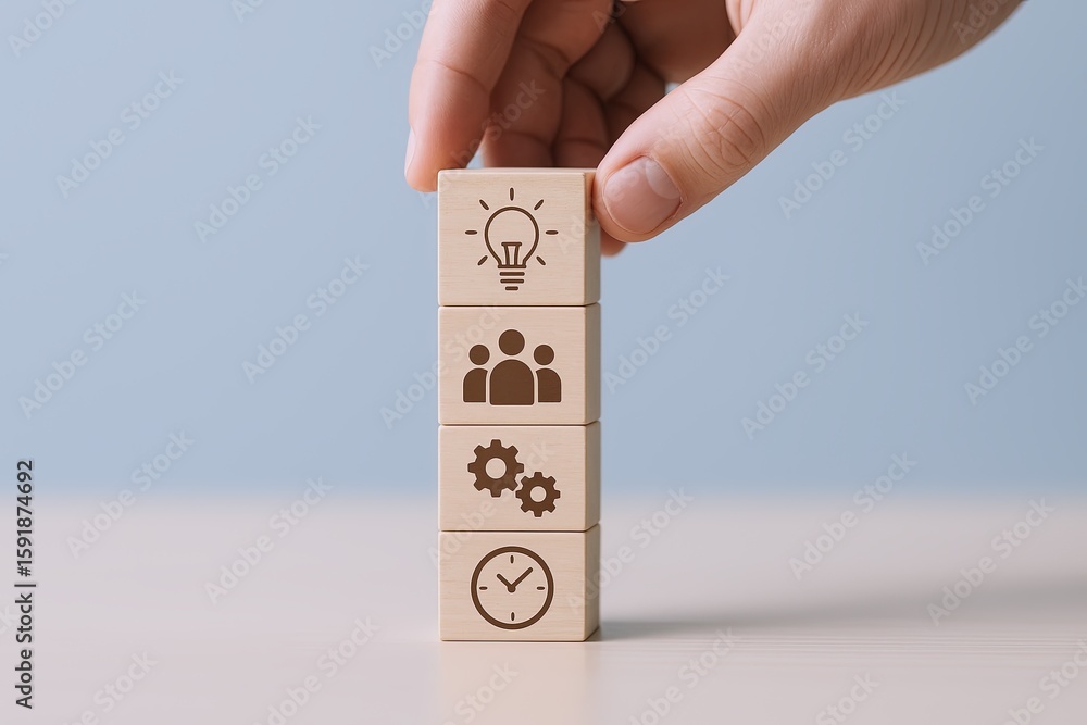 Aufkleber hand stacking four wooden blocks with icons representing ideas teamwork settings and time management