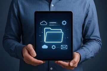 Man holding digital tablet with glowing cloud folder and technology icons in dark background.