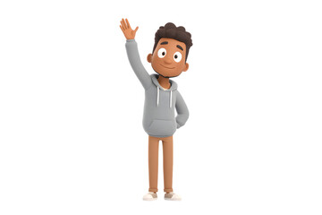 Student answering a question with raised hand, 3d animation, isolated on a white background, in a simple style, with a transparent PNG