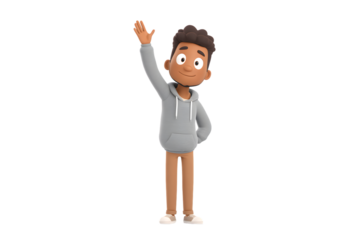 Student answering a question with raised hand, 3d animation, isolated on a white background, in a simple style, with a transparent PNG