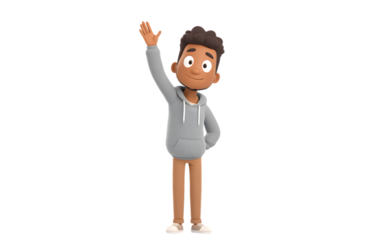 Student answering a question with raised hand, 3d animation, isolated on a white background, in a simple style, with a transparent PNG