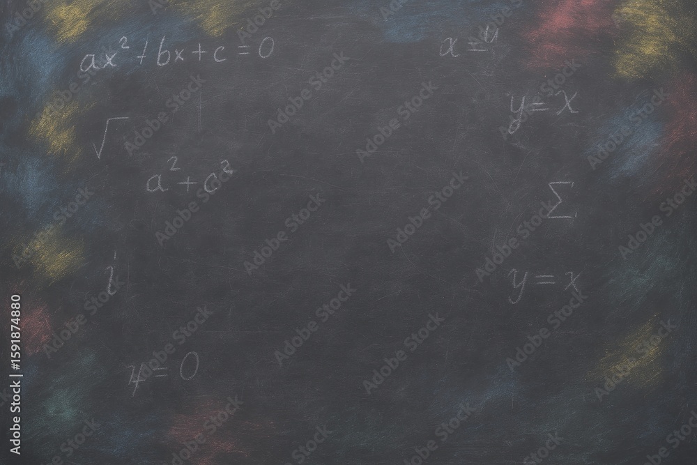 Poster close-up of a blackboard filled with handwritten mathematical equations and formulas in a classroom 