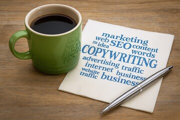 Desk with a cup of coffee and a notebook featuring marketing and copywriting keywords.