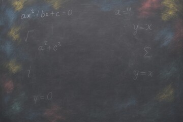 Close-up of a blackboard filled with handwritten mathematical equations and formulas in a classroom setting.
