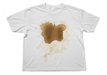 A white tshirt with a large brown coffee stain in the center, isolated on a transparent background