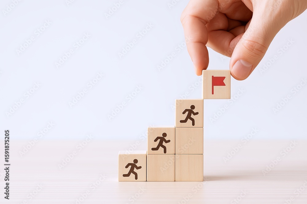 Poster handplacing red flag block on top of beige running staircase blocks symbolizing achievement.