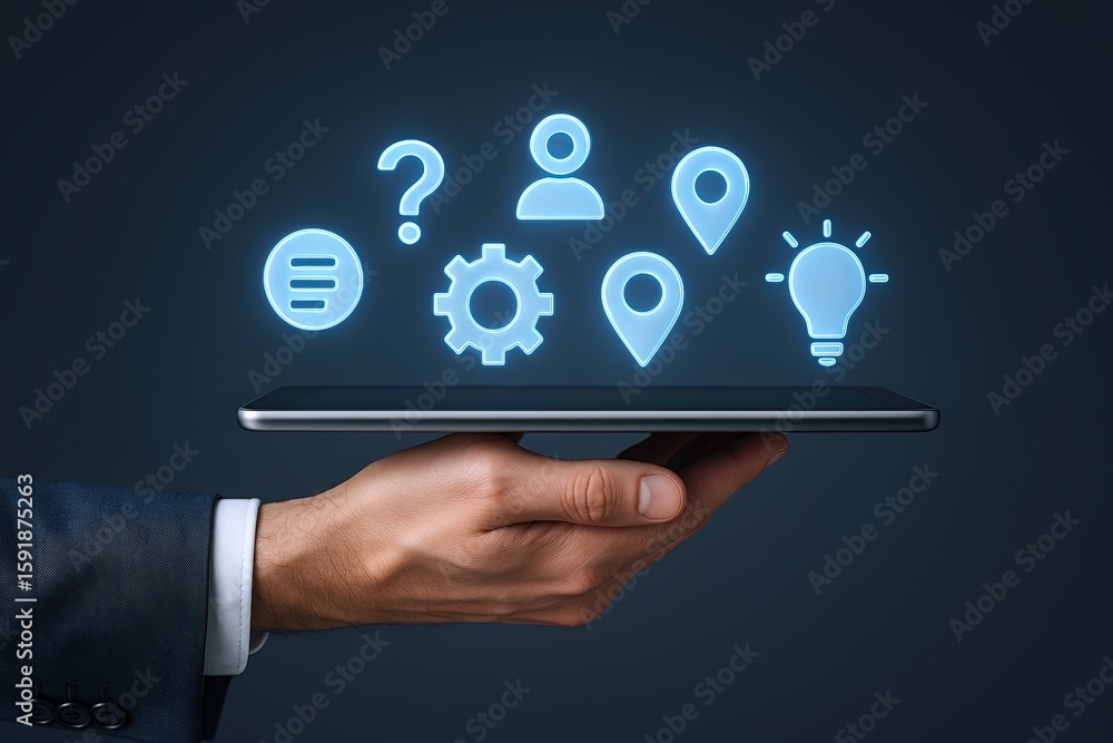 Poster hand holding tablet with glowing icons representing communication and technology concepts.