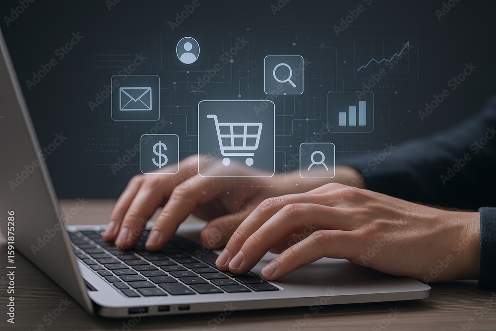 Poster modern digital shopping concept with hand using laptop and floating icons representing online commer