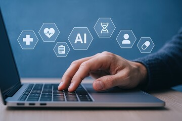 Digital healthcare and artificial intelligence icons on a holographic interface over a laptop screen.