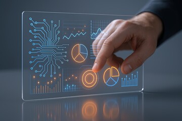 Modern hand interacting with transparent digital interface displaying data charts and graphics.