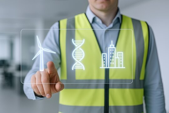 Modern engineer in safety vest interacts with digital environment showing DNA wind turbine and cityscape icons.