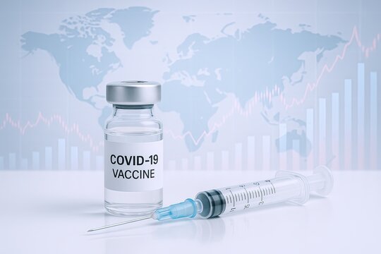 Close up of COVID-19 vaccine vial and syringe with global data background and charts.