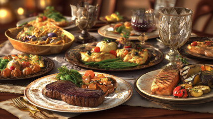 holiday dinner table with steak, roasted vegetables. AI generation.