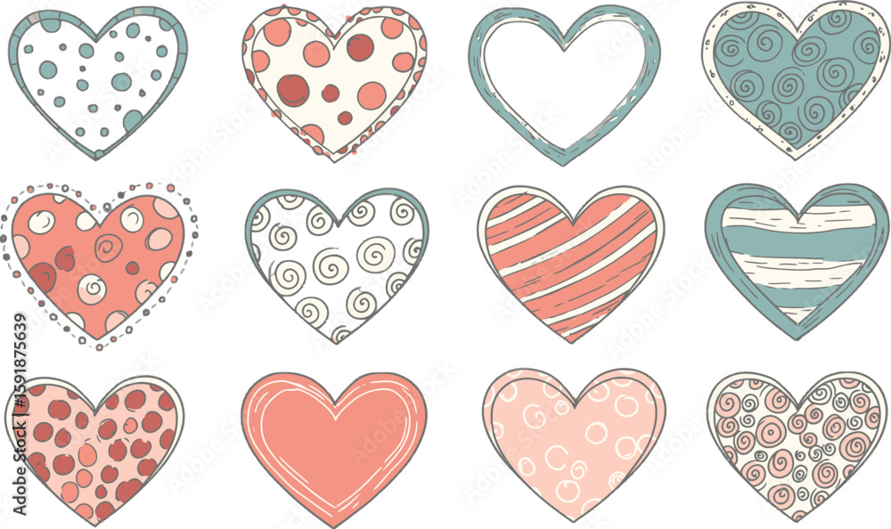 Poster vector art of a collection of twelve uniquely patterned and colored hearts are arranged in three row