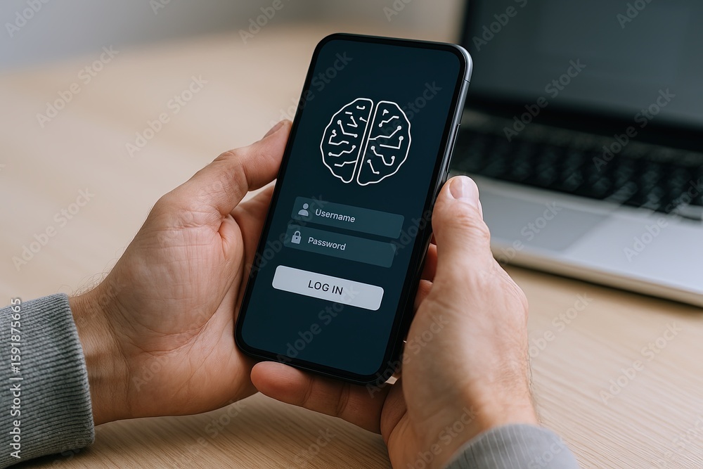 Poster close-up of a person holding a smartphone with brain analysis and login screen.