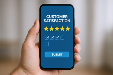 Mobile device displaying customer satisfaction survey with five star rating and submit button.