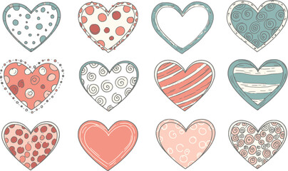 Vector art of a collection of twelve uniquely patterned and colored hearts are arranged in three rows, isolated on transparent background