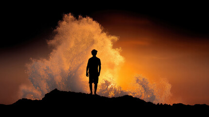 Silhouette of man standing on rocky shore with dramatic ocean wave splash and vibrant sunset sky, evoking awe and adventure