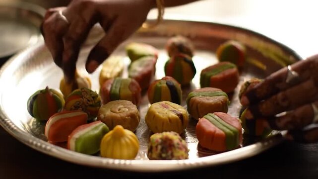 Colorful sweets arranged on a silver tray are being prepared by decorated hands