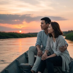 Romantic asian couple enjoying a peaceful sunset boat ride on a river