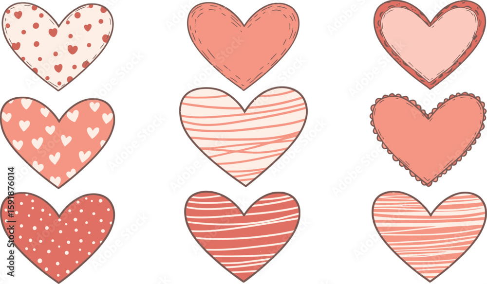 Poster vector art of a collection of nine uniquely patterned and colored hearts are arranged in three rows,
