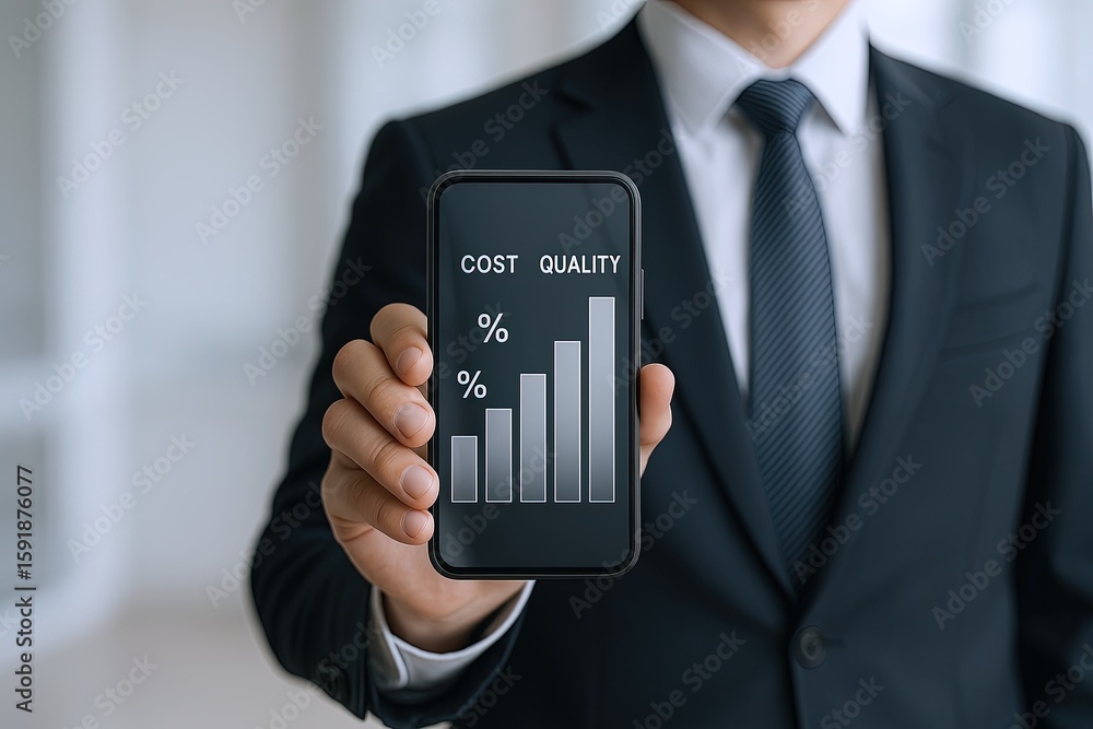 Poster businessman in suit holding smartphone displaying graph with cost and quality metrics.