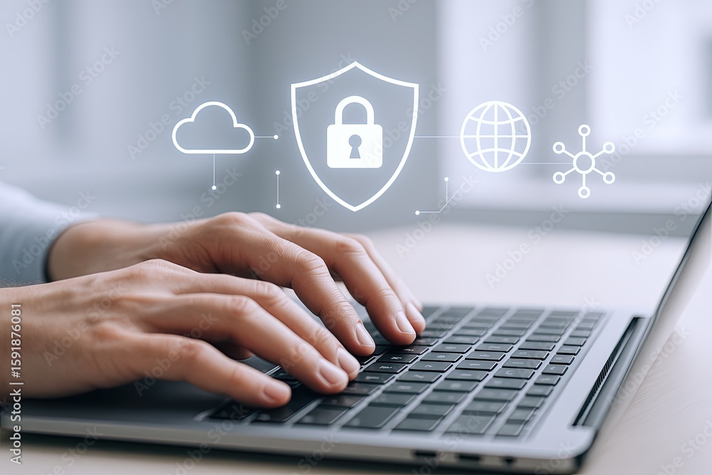 Poster modern digital security concept with shield lock cloud globe and network icons on laptop screen.