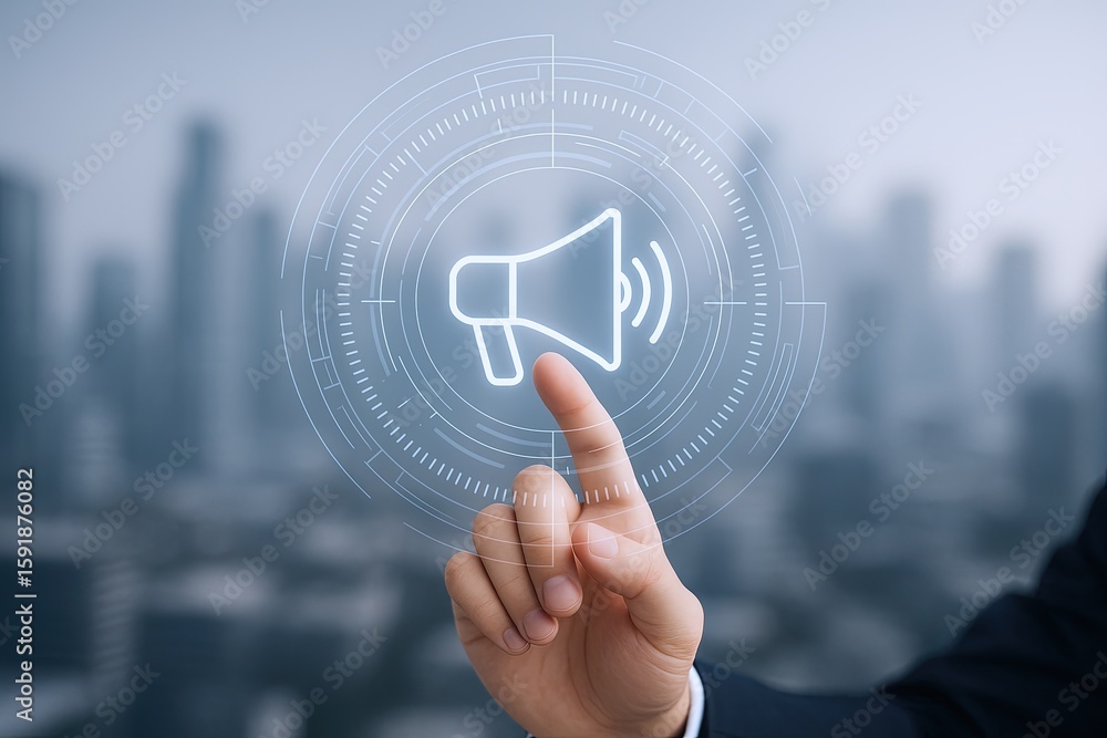 Poster modern digital interface of a hand pressing a virtual megaphone icon representing communication and 