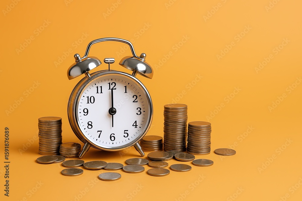 Poster classic alarm clock with stacks of coins on bright orange background with shadow.