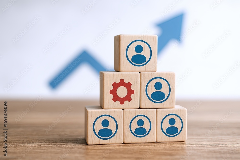 Aufkleber diverse team collaboration concept with wooden blocks symbolizing hierarchy and teamwork.