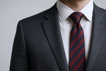 Formal business suit with white shirt and striped tie close-up image.