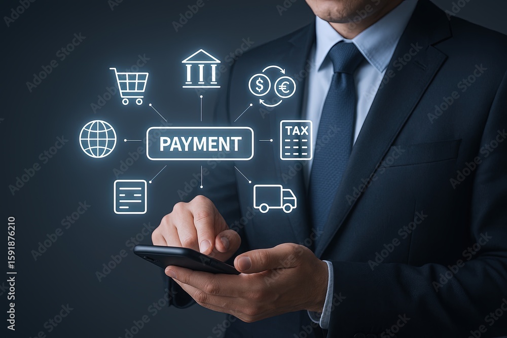 Poster businessman using mobile phone with digital icons representing payment technology and online transac