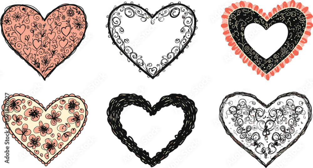 Poster vector art of a collection of six uniquely patterned and colored hearts are arranged in two rows, is