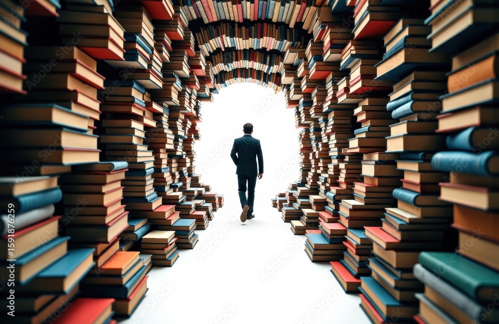 Poster a man walks through a tunnel made of stacked books creating a pathway of knowledge