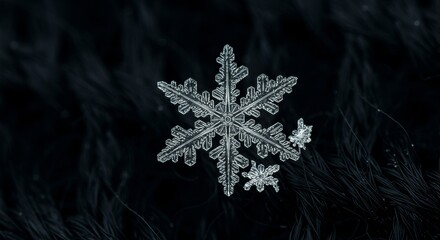 Detailed close-up of a snowflake crystal and its intricate structure on dark background