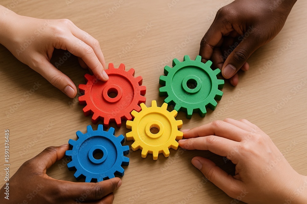 Poster diverse hands connecting colorful gears symbolizing teamwork collaboration and problem solving.
