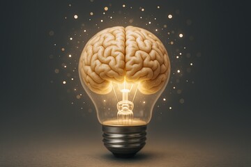 Creative concept of a human brain integrated with a glowing light bulb symbolizing innovation and intelligence.