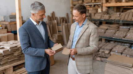 Two businessmen discussing eco friendly packaging in warehouse, holding cardboard box and paper, sustainable business concept