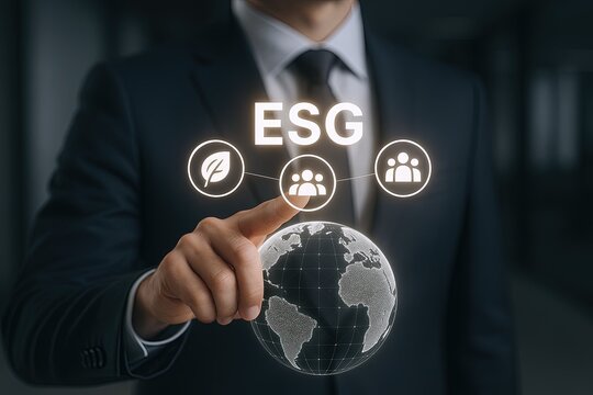 Businessman in suit interacting with digital environmental social governance icons and globe. - Powered by Adobe