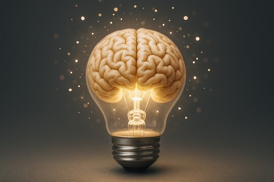 Creative concept of a human brain integrated with a glowing light bulb symbolizing innovation and intelligence.