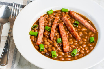 baked beans and  spam sticks  with  green onions