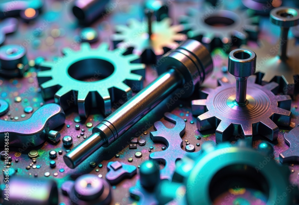 Poster close-up of metallic gears and mechanical components with a sleek cylindrical tool on a colorful bac
