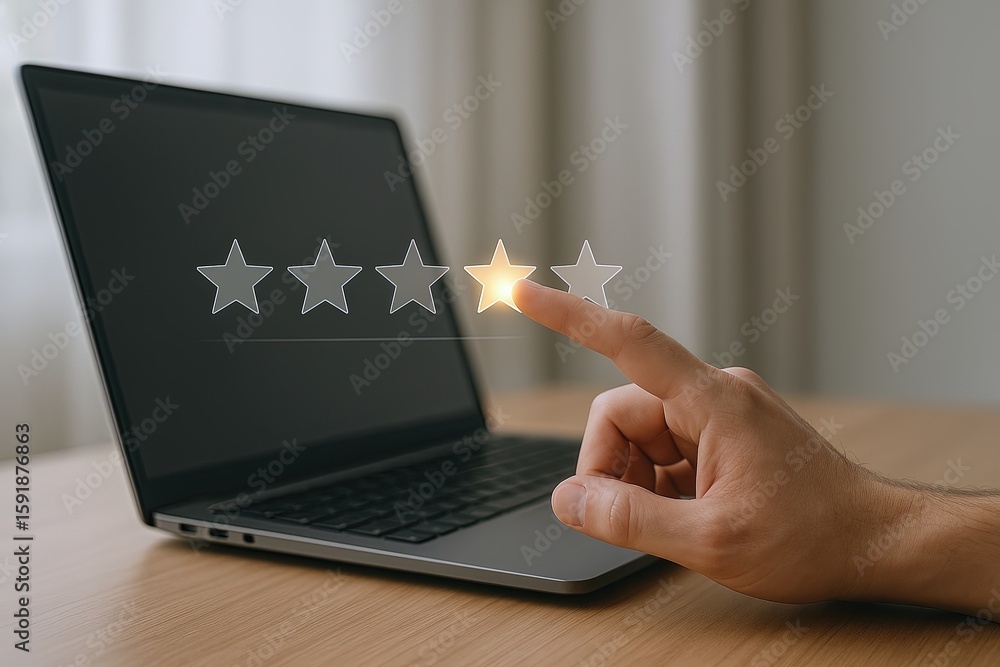 Poster person giving fine review rating touch screen laptop computer in modern workspace.