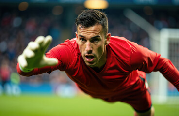 A male soccer goalkeeper dives forward to block a shot during a match